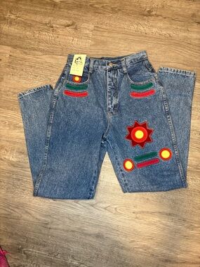 High-Waist Embroidered Patch Denim Jeans - Blue with Red & Green Accents